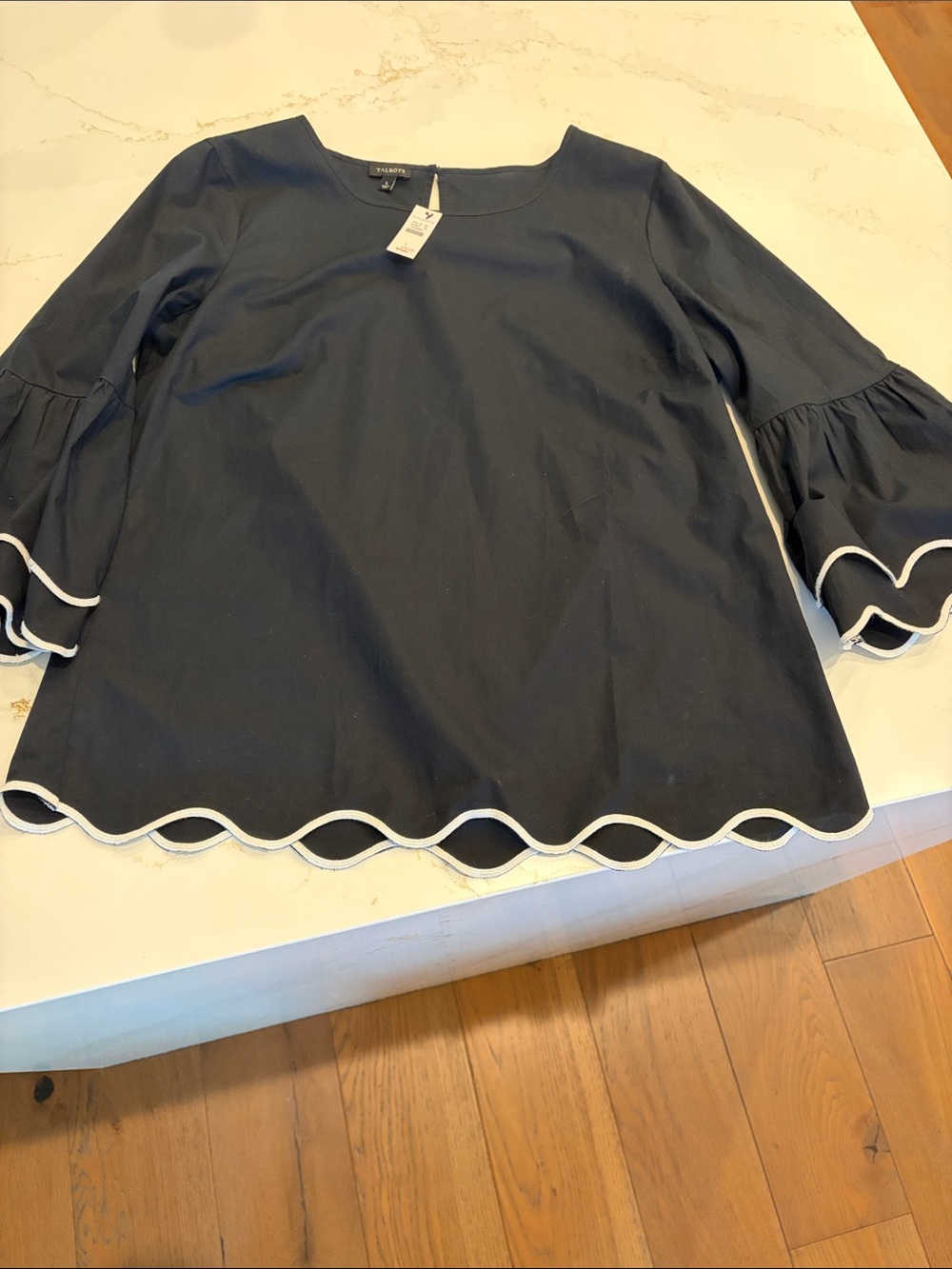 NWT Talbots BlackTunic with White Scallop Trim, Large, 3/4 sleeves